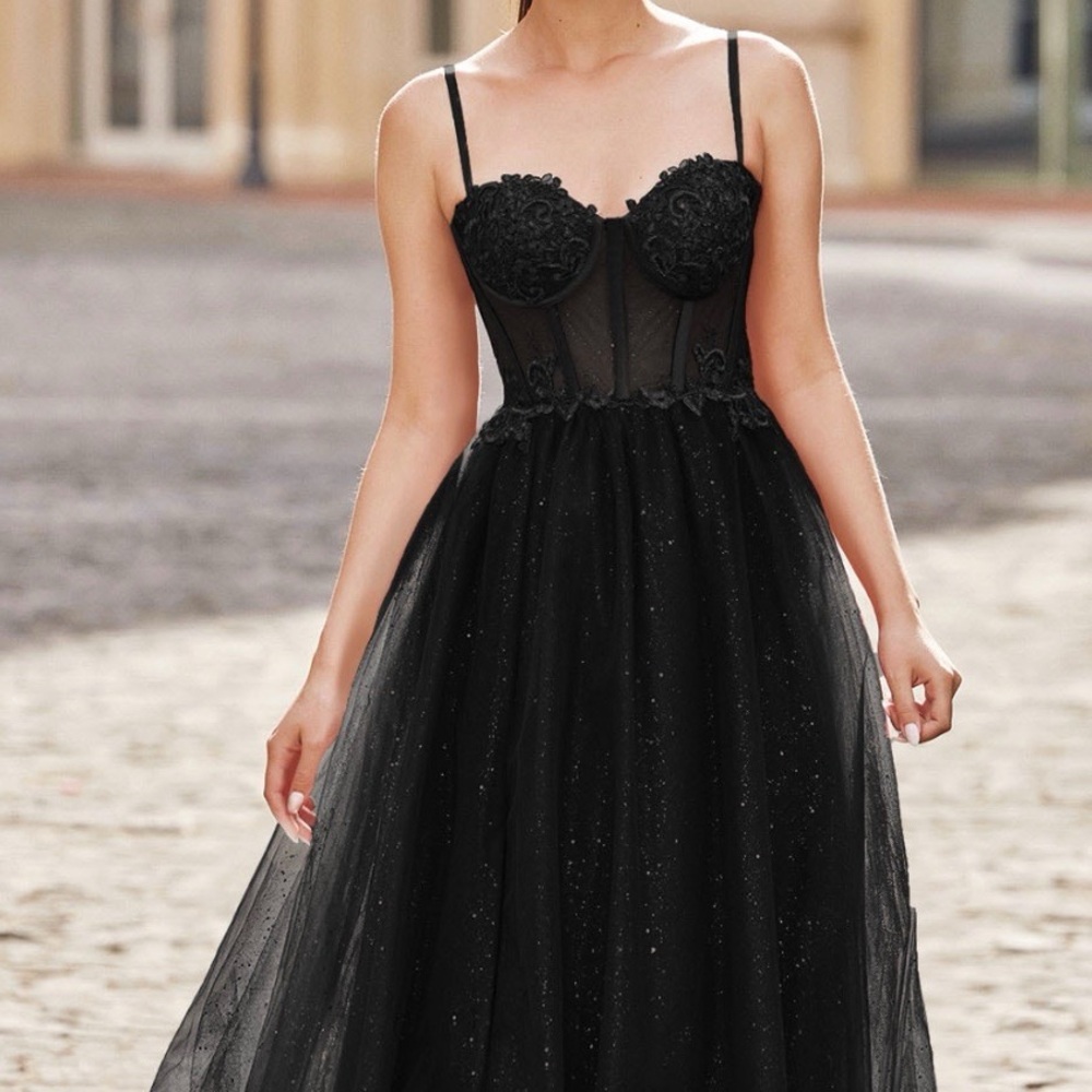 Elegant Black Sparkle Prom Dress with Sheer Bodice